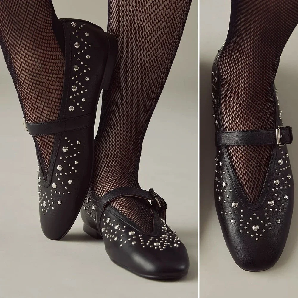 NIB Anthropologie Bibi Lou Studded Mary Jane Flats 9.5/40 Black Leather Buckle